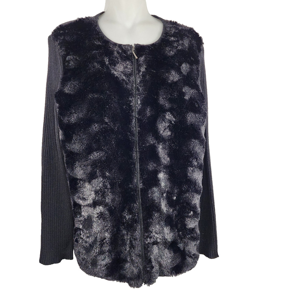Alfred Dunner Womens Faux Fur Sweater Cardigan Ribbed Knit Black Full Zip Medium
